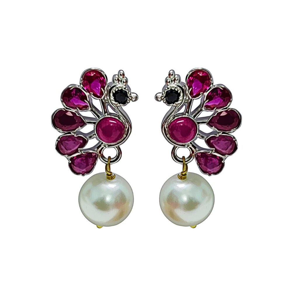 Sterling Silver Peacock Shape Indian Embedded Ruby & Pearl Handmade Earrings